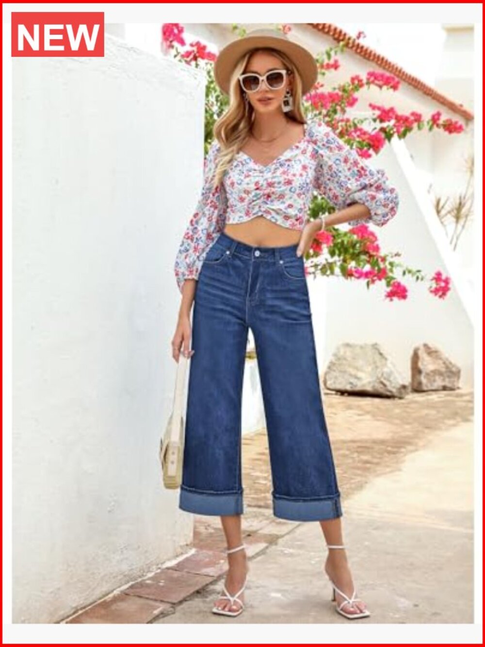 Wide Leg High Waisted Stretchy Denim Crop Pants with Pockets - Picture 4 of 7
